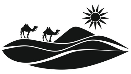 Two camels journey across desert dunes under a bright sun, symbolizing travel and adventure.