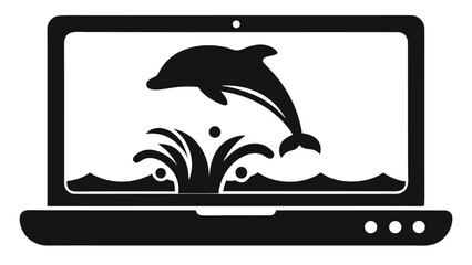 Dynamic dolphin leaping from digital ocean waves on modern laptop screen