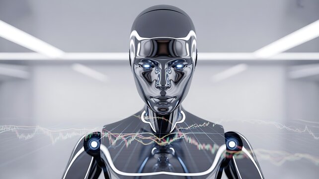 Metallic robot with glowing eyes and financial charts