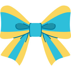 A decorative teal and yellow bow tie with a central square knot detail on a transparent background symbolizing celebration and fashion accessories