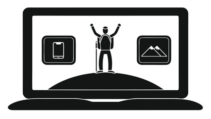 Hiker celebrates summit success on laptop screen, exploring mobile travel and mountain views