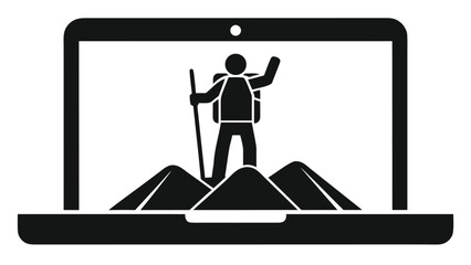 Adventurer celebrates mountain summit success displayed on laptop screen, modern technology concept