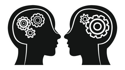 Two heads with gears inside representing teamwork, collaboration, and the power of ideas