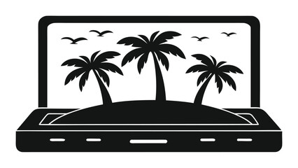 Laptop displaying tropical paradise with palm trees and birds, perfect travel inspiration