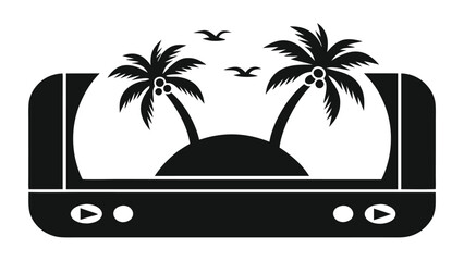 Island paradise displayed on a modern screen with palm trees and birds against a backdrop