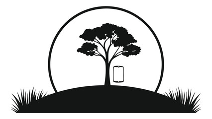 Silhouette of a tree with phone inside a circle, nature meets technology in minimalist design