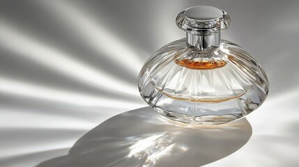 Elegant perfume bottle with silver cap casting shadows