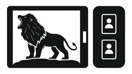 Roaring lion icon inside tablet screen with profile icons, modern design, powerful branding