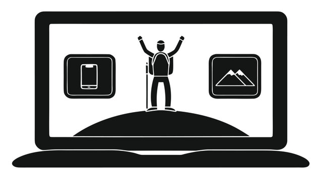 Hiker celebrates summit success on laptop screen, exploring mobile travel and mountain views