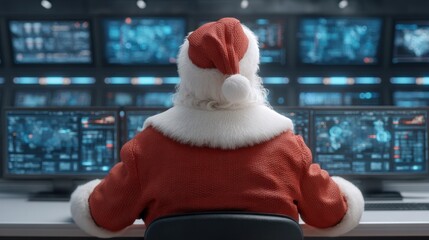 Santa Monitoring Cybersecurity Command Center During Christmas Night with Multiple Screens Displaying Global Data and Security Alerts