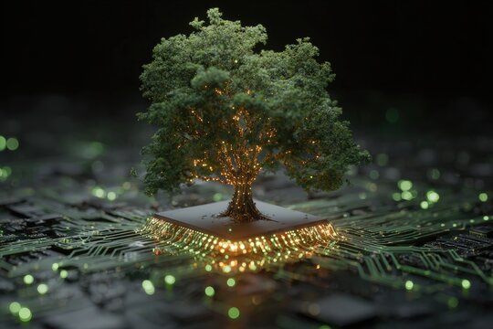 A stylized tree growing from a glowing computer chip on a circuit board