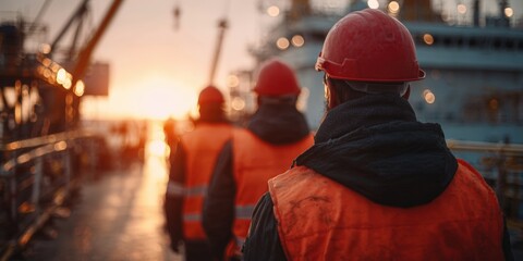 Workers on a ship at sunset