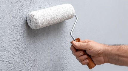 Hand holding a paint roller applying gray exterior coating on a house wall, showcasing texture and detail in home improvement project