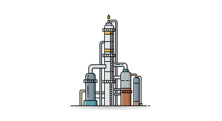 Flat line art illustration of an industrial oil refinery or chemical processing plant. Vector icon representing energy production and technology