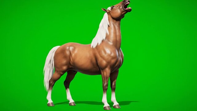 Majestic 3D Horse Neighing Animation Ready for Compositing on Green Screen