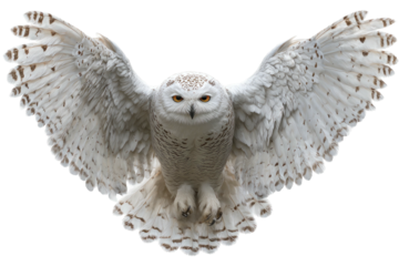 Snowy owl soaring, wings spread, eyes piercing
