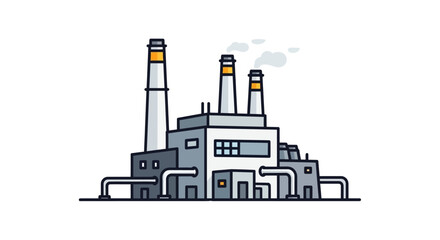 Obraz premium Vector line art icon of a power plant or industrial factory with tall smokestacks emitting smoke, representing manufacturing and energy production