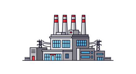 Obraz premium Industrial power plant or factory building with tall smokestacks and electrical grid infrastructure, represented as a modern flat line vector illustration