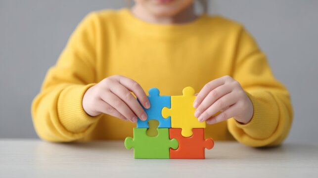 Child Arranging Colorful Puzzles Symbolizing Autism Awareness with Bright Pieces in a Playful Environment for Educational and Inspirational Use
