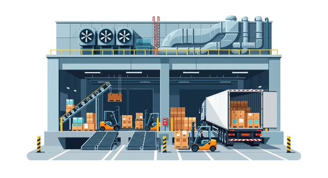 Vector illustration of a modern warehouse loading dock with forklifts loading cargo boxes onto a truck for shipping and freight distribution