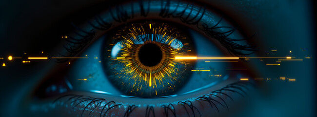 Close-up of a human eye with blue iris and digital elements  