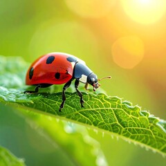 Obraz premium Macro Ladybug on Green Leaf in Sunlight