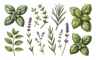 Aromatic Herb Collection Basil Thyme Rosemary Lavender Culinary Herbs Isolated Set