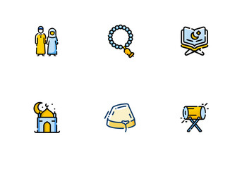 A vibrant icon set depicting Islamic cultural and religious symbols, including a mosque, holy book, prayer beads, and traditional attire for celebration
