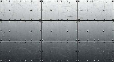 Nine metal plates attached with rivets creating a structured industrial texture