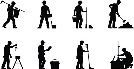 Obraz premium Construction workers silhouettes performing manual labor tasks with tools, equipment, cleaning, maintenance, and industrial activities in black vector styl