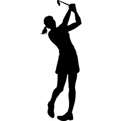 Silhouette of a Woman Golfer Swinging a Club Against a White Background in a Dynamic Pose Capturing the Moment of a Powerful Shot
