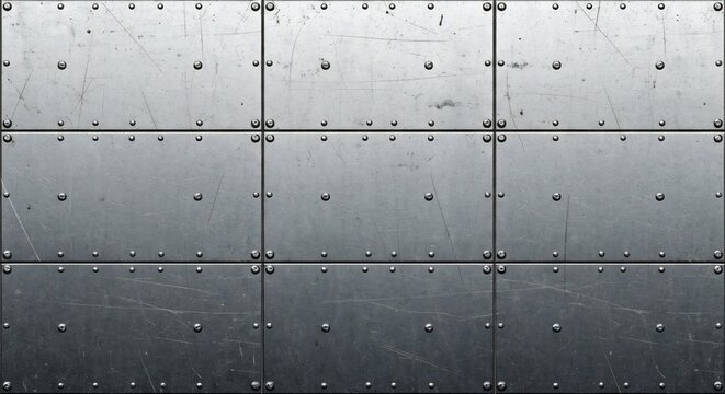 Nine metal plates attached with rivets creating a structured industrial texture