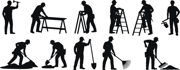 Obraz premium Construction workers silhouettes performing various tasks with tools, labor equipment, safety gear, teamwork, and industrial activity on job site