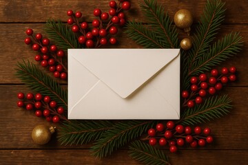 Obraz premium Festive Christmas Greeting Card Surrounded by Red Berries and Pine Branches on Wooden Background