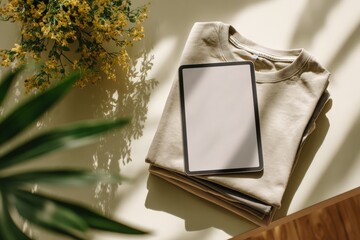 Light-Beige T-shirts and Tablet on a Surface