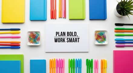 A business plan concept with colorful stationery and a motivating message