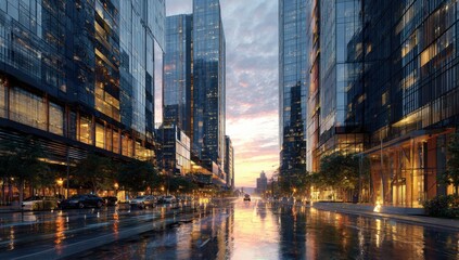 City street at sunset after rain