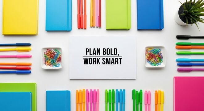 A business plan concept with colorful stationery and a motivating message