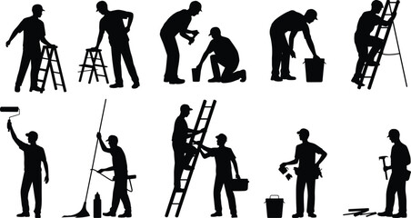 Silhouettes of workers performing maintenance, cleaning, painting, and construction tasks with ladders, tools, buckets, teamwork, and safety gear in action