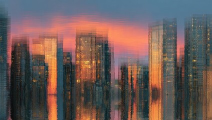 City skyline at sunset reflected in water
