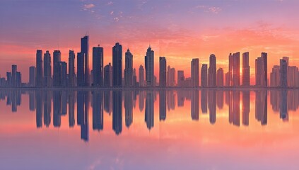 City skyline at sunrise reflected in calm water