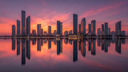 City skyline reflected in tranquil water at sunrise