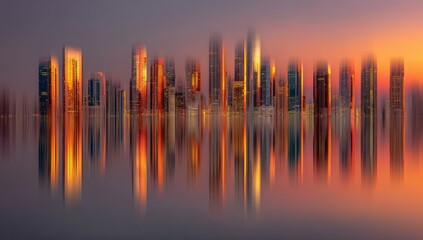 City skyline reflected in water at sunset