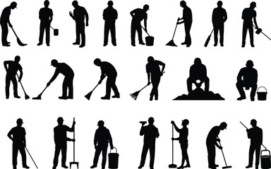 Fototapeta premium Silhouettes of Workers Performing Manual Labor Tasks with Tools and Equipment in Various Poses for Industrial, Cleaning, and Construction Themes