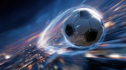 Fototapeta premium Fiery soccer ball flying over a glowing city skyline