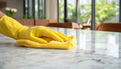 Cleaning marble table with yellow cloth