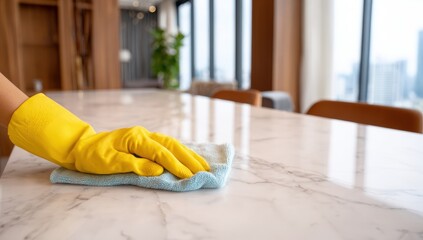 Hand in yellow glove cleaning a marble table