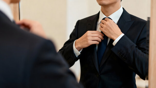 A man in a sharp black suit and blue tie is adjusting his tie in front of a mirror