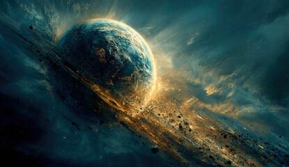 A vibrant, dramatic cosmic scene featuring a planet enveloped in a swirling nebula and debris field