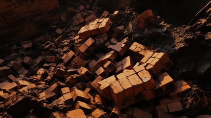 Pile of red bricks forming an uneven terrain